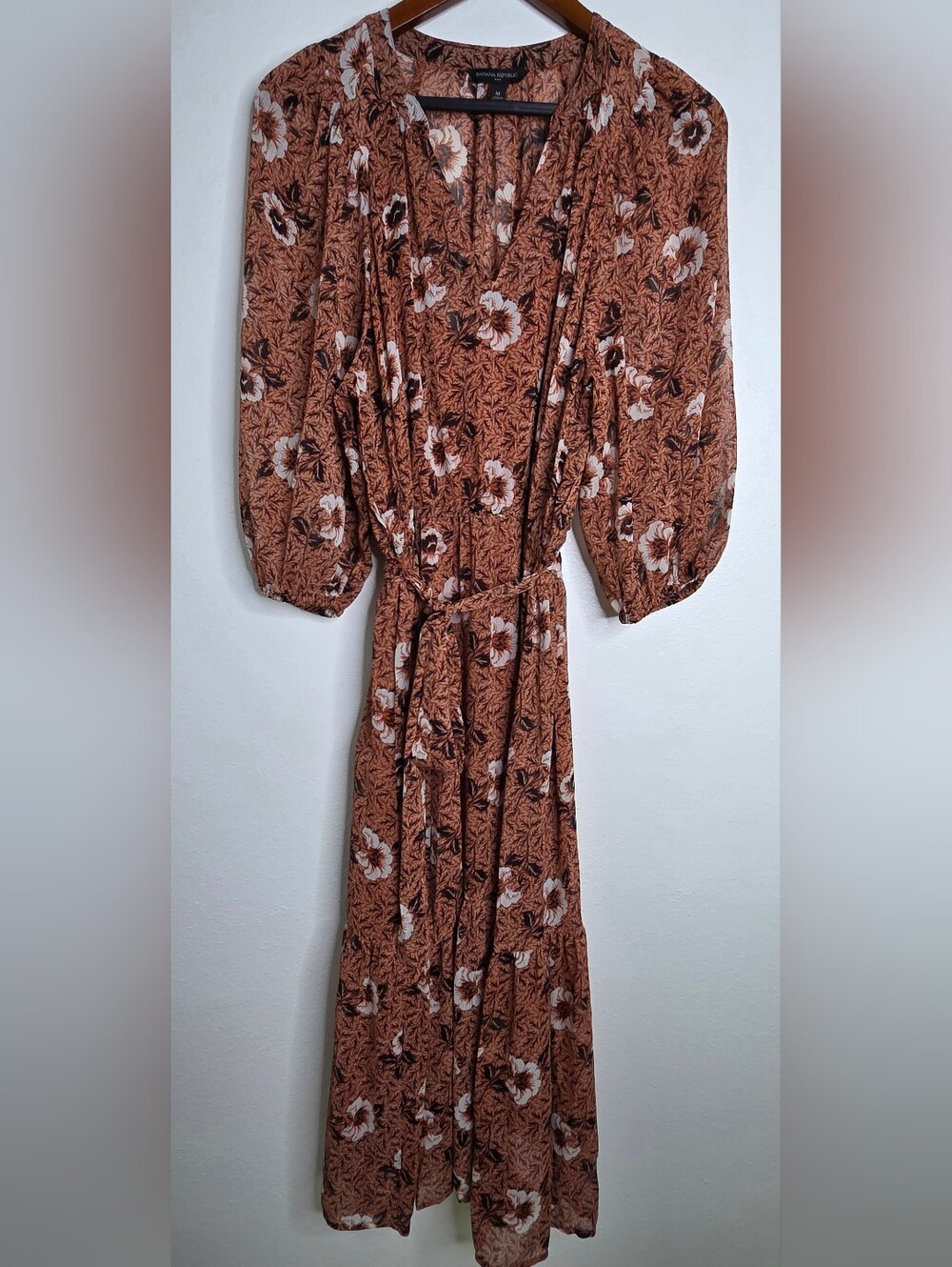 Banana Republic Terracotta Floral Fall Boho Maxi  V Neck Dress w/ Tie Waist - M